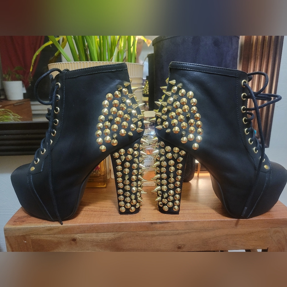 Jeffrey Campbell LITA Black Leather Gold Spikes Booties Size 6 - Picture 8 of 13